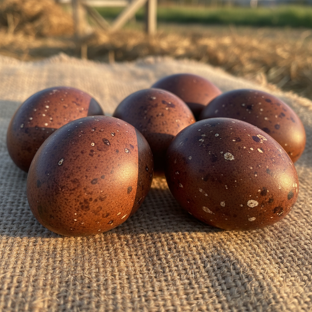 Black Copper Marans hatching eggs on burlap with warm golden light